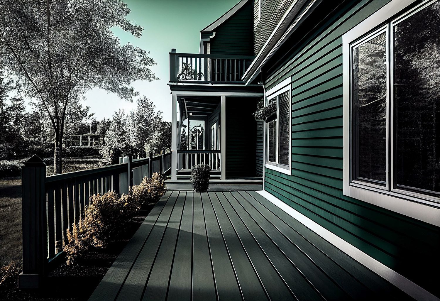 A clean, white vinyl railing with a decorative top rail shown on a sunny backyard deck with patio furniture.