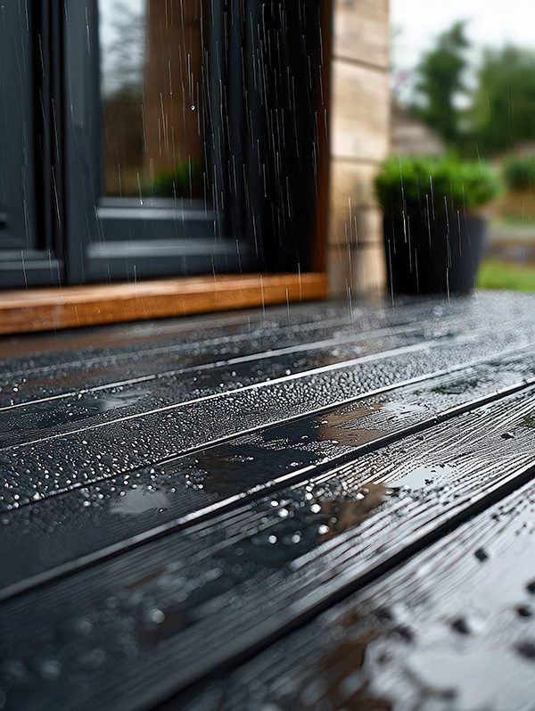 A close-up of vinyl decking repelling rain.